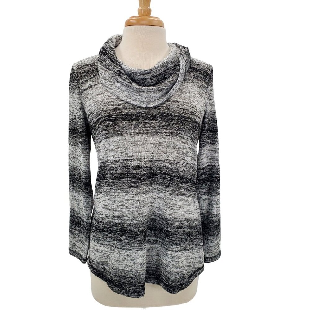T by Talbots Womens Striped Marled Cowl Neck Tunic Sweater Top Small Black White